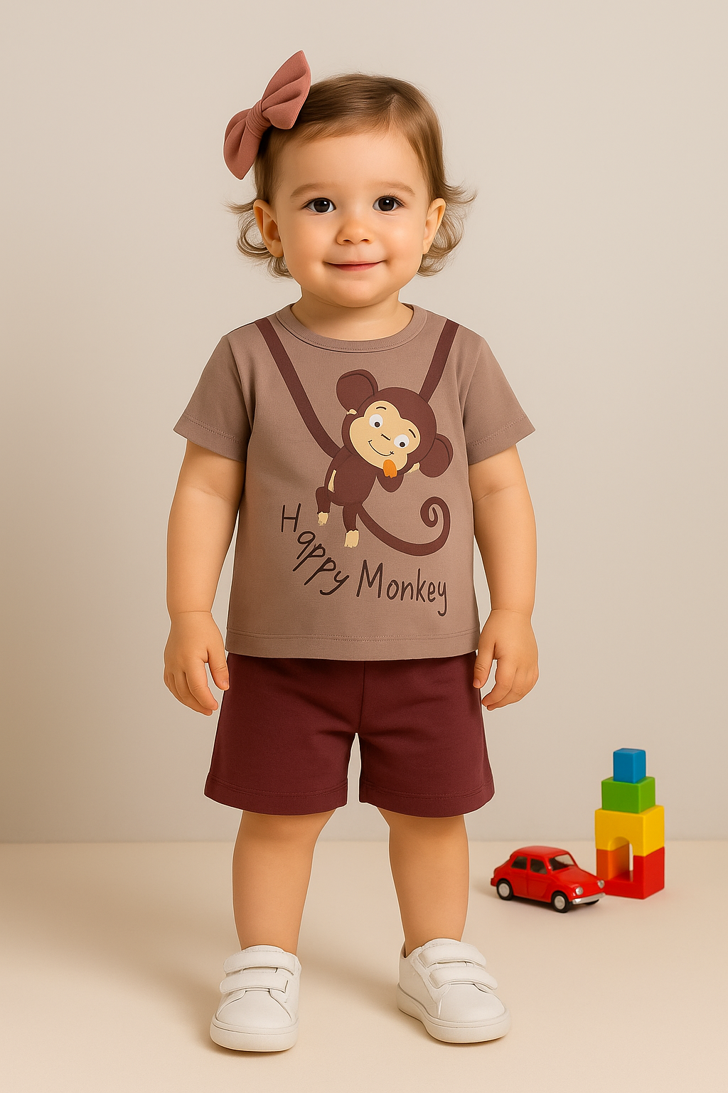 Happy Monkey Baskılı Kısa Kollu  Kız Tişört ve Şort Takım