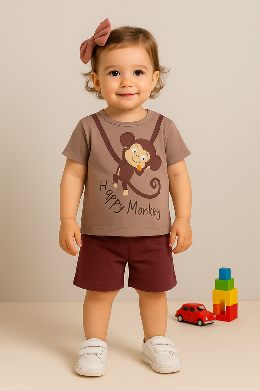 Happy Monkey Baskılı Kısa Kollu  Kız Tişört ve Şort Takım