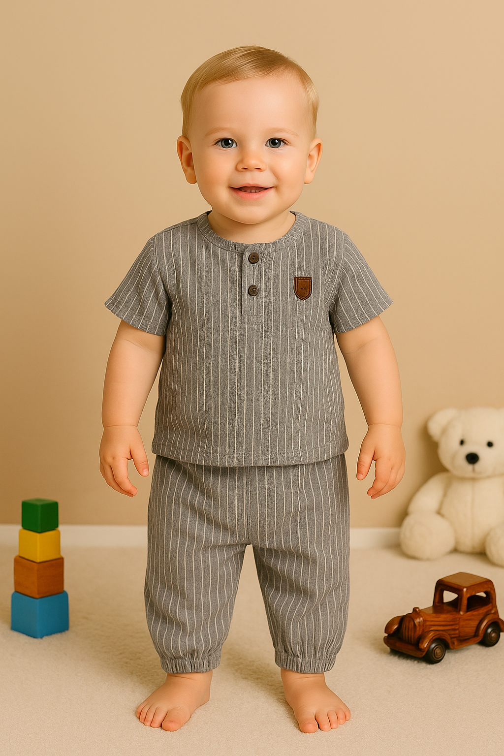 Erkek Çocuk Çizgili Kısa Kollu Gömlek ve Pantolon 2’li Takım.