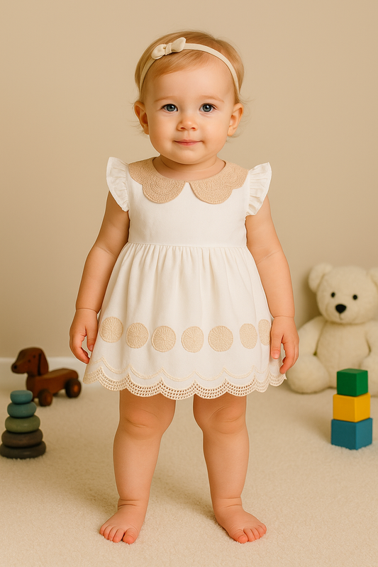 Kız Bebek Dantel Yakalı ve İşlemeli Etek Uçlu Kolsuz Özel Gün Elbisesi