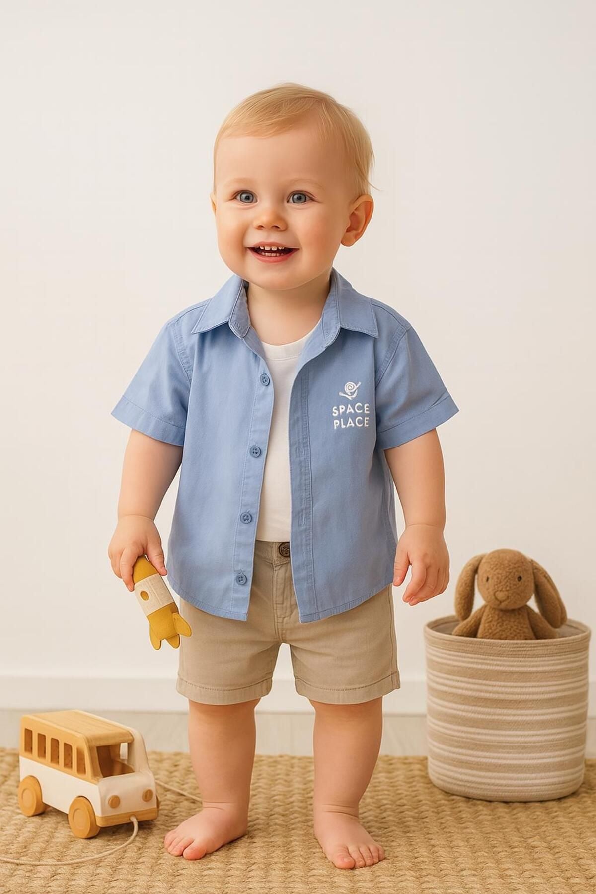Erkek Çocuk 2’li Yazlık Kombin – Gömlek ve Şort Takım (Mavi Gömlek - Bej Şort)