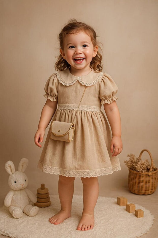 Kız Çocuk Dantel İşlemeli Kısa Kollu Özel Gün Elbisesi