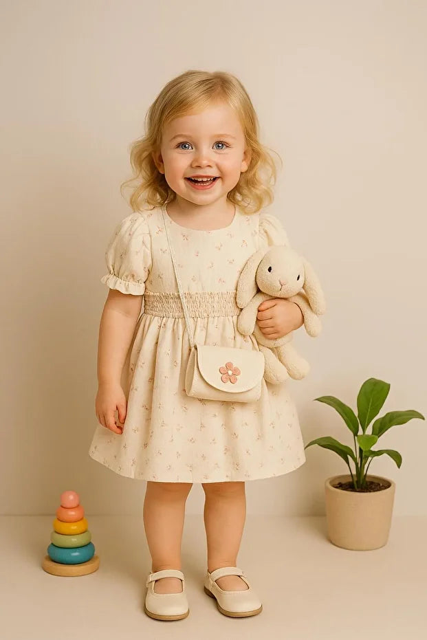 Kız Çocuk Çiçek Desenli Lastikli Bel Yazlık Elbise ve Çanta Takımı - Ekru