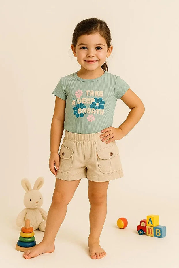 Kız Çocuk "Take A Deep Breath" Yazılı Ribanalı Tişört ve Cepli Şort 2'li Takım