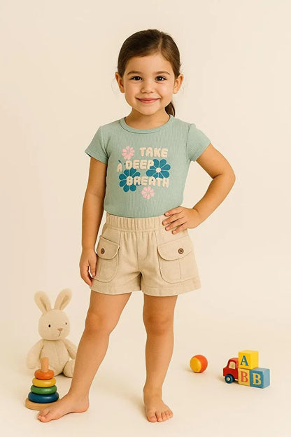 Kız Çocuk "Take A Deep Breath" Yazılı Ribanalı Tişört ve Cepli Şort 2'li Takım