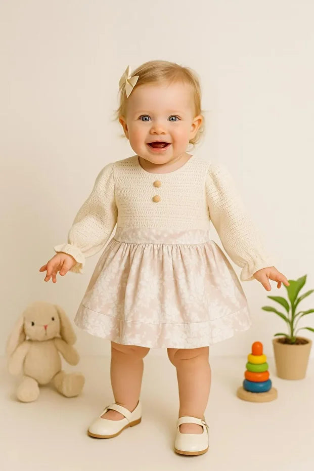 Kız Çocuk Dantel Üst ve Desenli Etekli Uzun Kollu Elbise