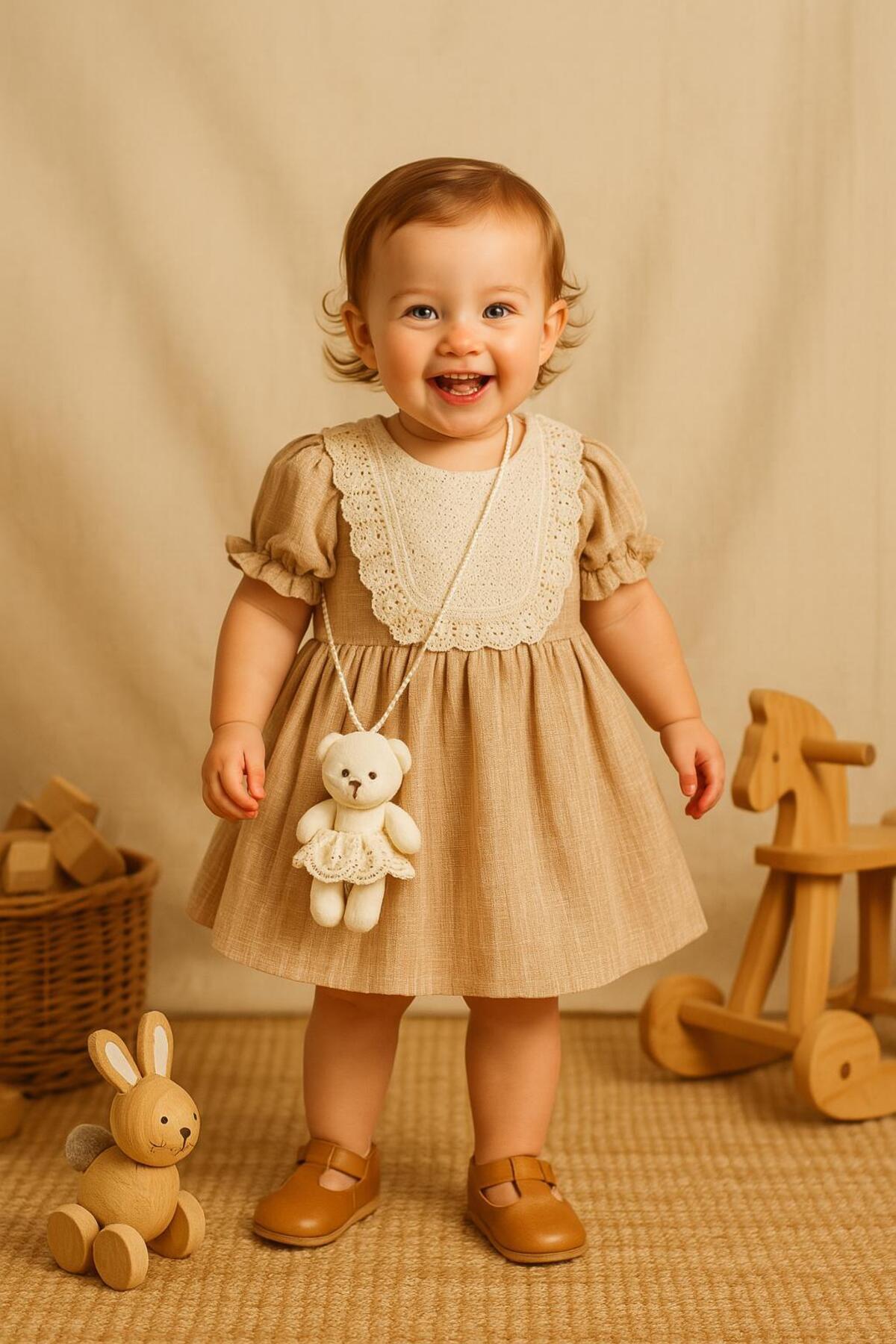 Kız Çocuk Dantel Yakalı Kısa Kollu Günlük Elbise ve Oyuncak Aksesuar Seti