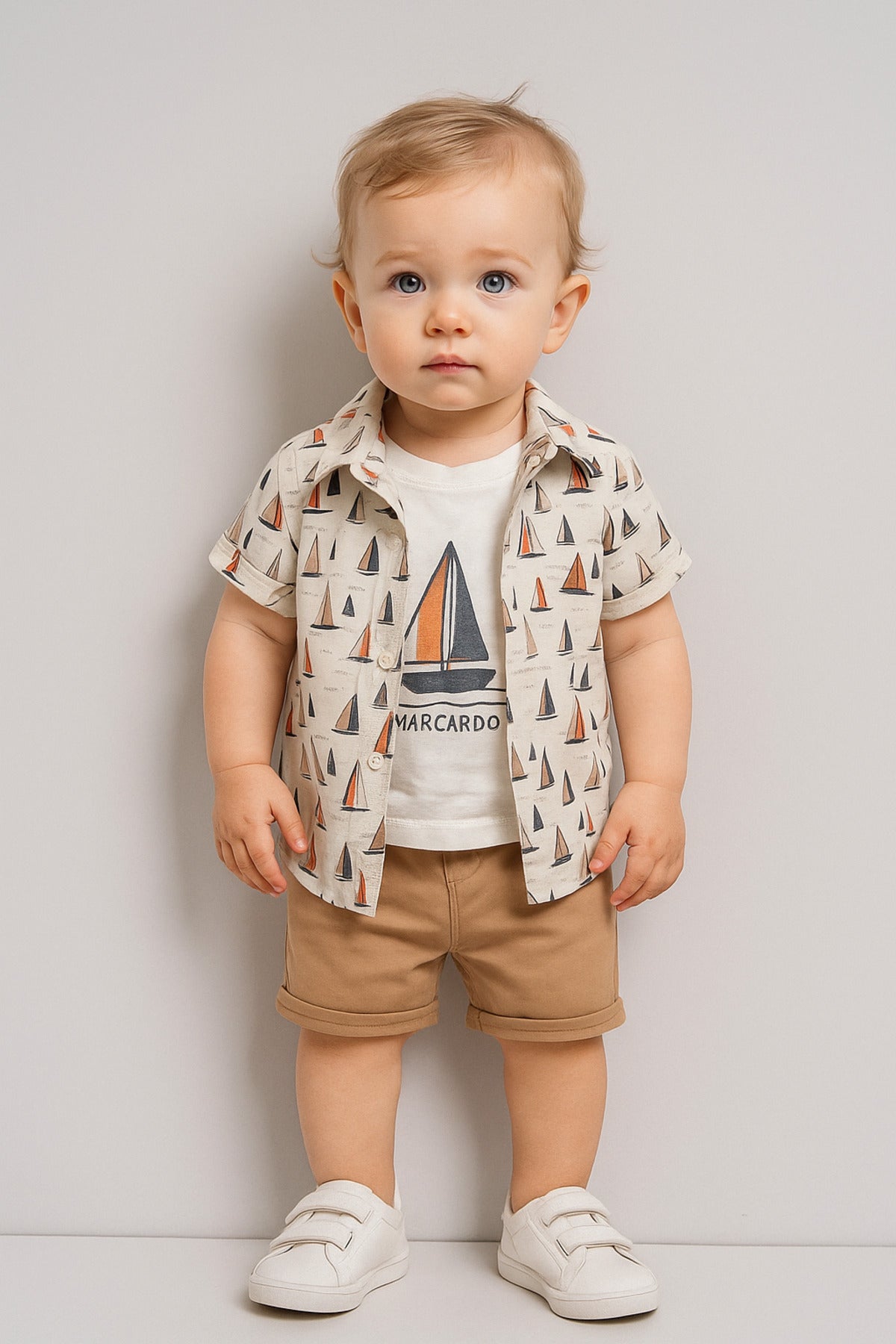 Erkek Çocuk Yelkenli Desenli Gömlekli Tişört ve Şort 3’lü Yazlık Takım