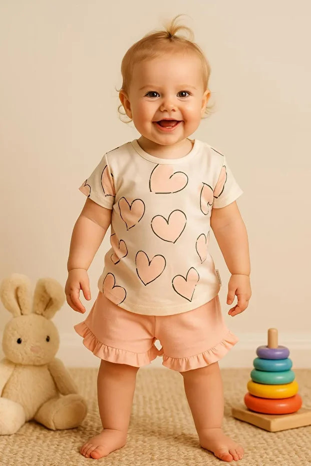 Kız Çocuk Kalp Baskılı Tişört ve Fırfırlı Şort 2’li Yazlık Takım