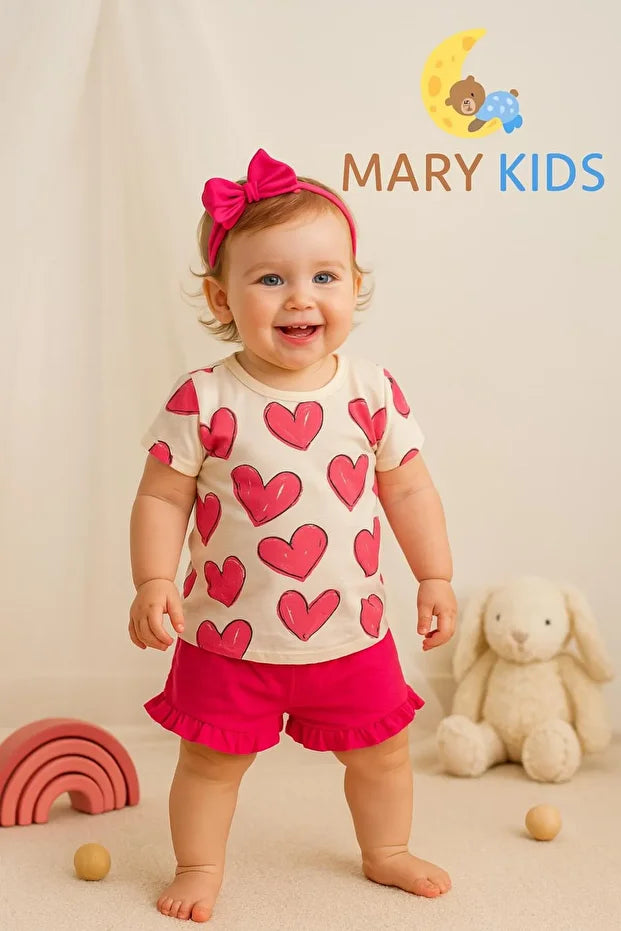 Kız Çocuk Kalp Baskılı Tişört ve Fırfırlı Şort 2’li Yazlık Takım