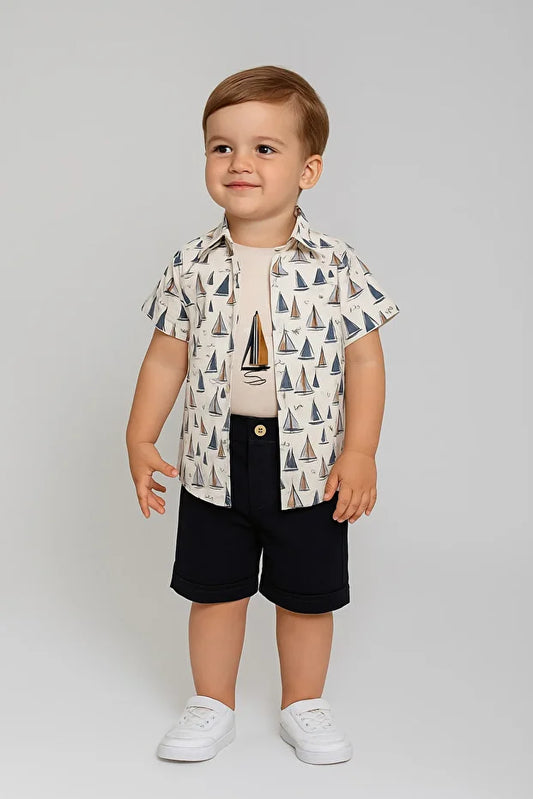 Erkek Çocuk Yelkenli Desenli Gömlekli Tişört ve Şort 3’lü Yazlık Takım