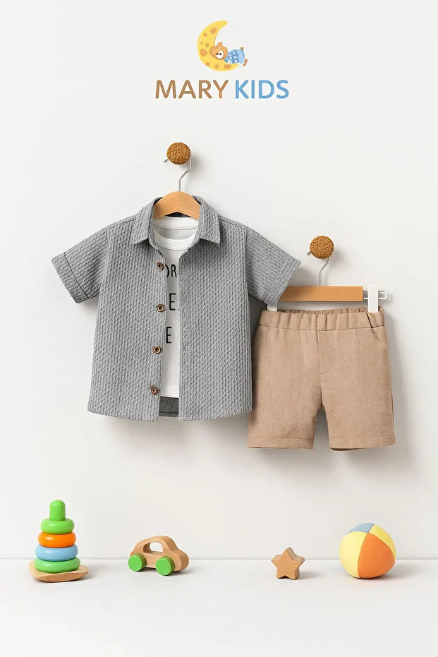 Erkek Çocuk 3’lü Yazlık Takım Şık Gömlek Tişört ve Şort Kombini
