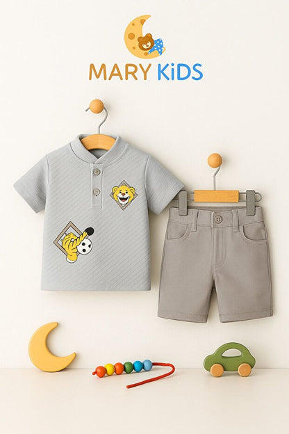 Erkek Çocuk Kaplan Figürlü Düğmeli Tişört ve Şort Takım
