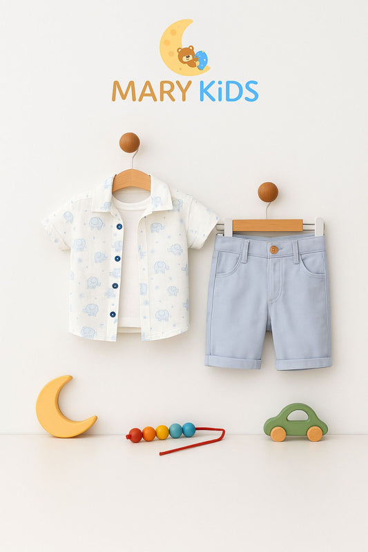 Erkek Çocuk Fil Desenli Gömlekli Tişört ve Şort 3’lü Yazlık Takım