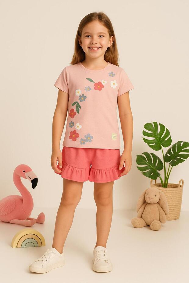 Kız Çocuk Çiçek Desenli Tişört ve Fırfırlı Şort 2’li Yazlık Takım