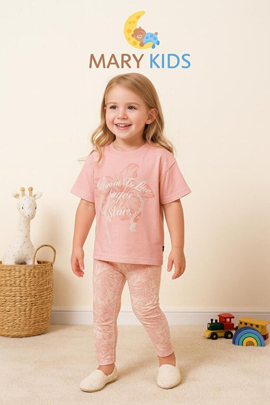 Kız Çocuk Baskılı Tişört ve Çiçek Desenli Tayt 2’li Yazlık Takım