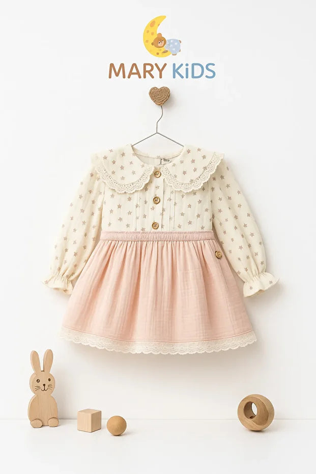 Kız Çocuk Dantel Detaylı Çiçek Desenli Elbise