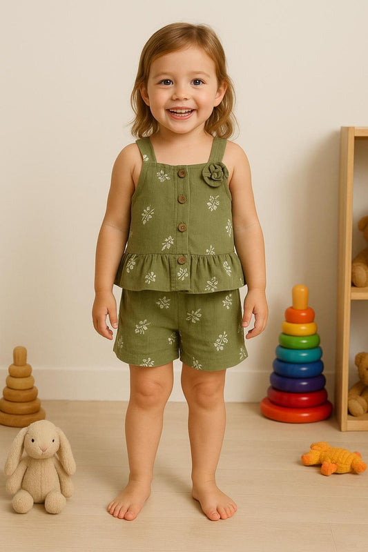 Kız Çocuk Askılı Çiçek Desenli Bluz ve Şort 2’li Yazlık Takım