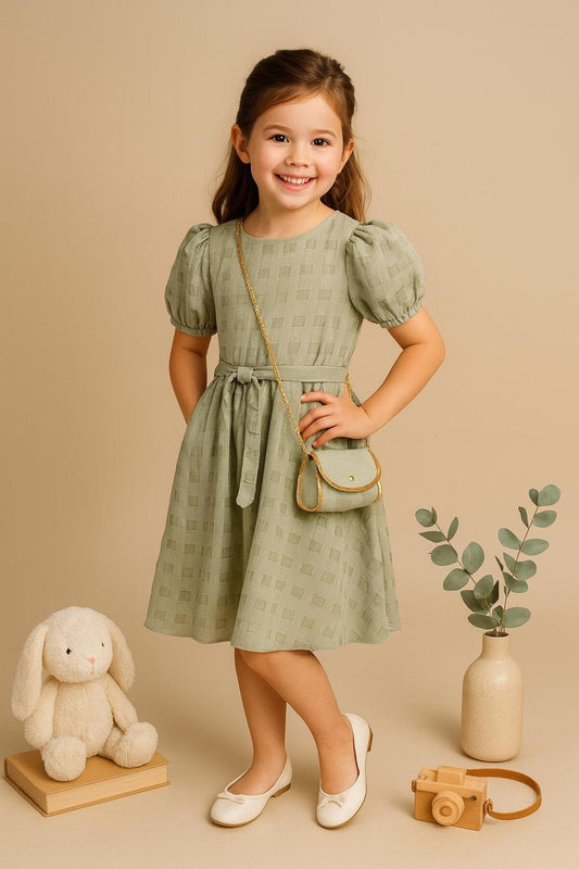 Kız Çocuk Kemerli Kısa Kollu Yazlık Elbise Çanta Aksesuarlı