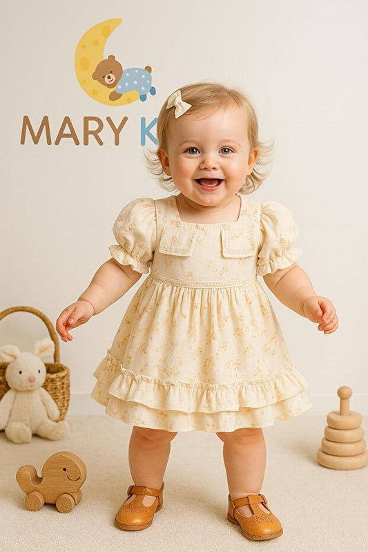 Kız Çocuk Çiçek Desenli Volanlı Kısa Kollu Yazlık Elbise