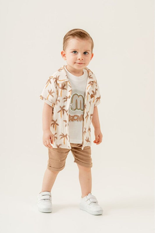 Erkek Çocuk Palmiye Desenli Gömlekli Tişört ve Şort 3’lü Yazlık Takım