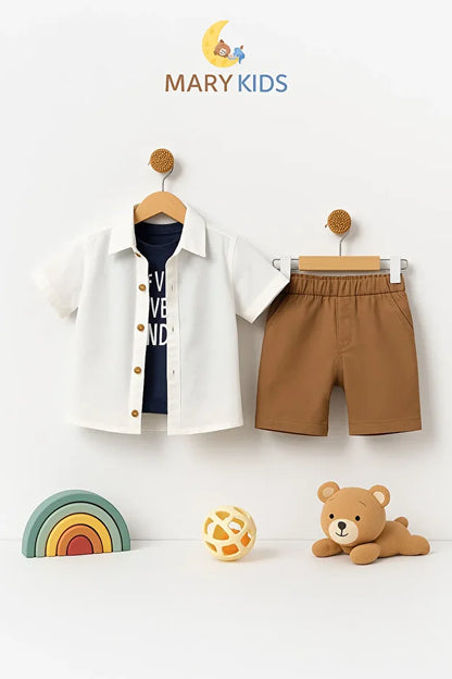 Erkek Çocuk 3’lü Yazlık Kombin Gömlek Baskılı Tişört ve Şort Takım