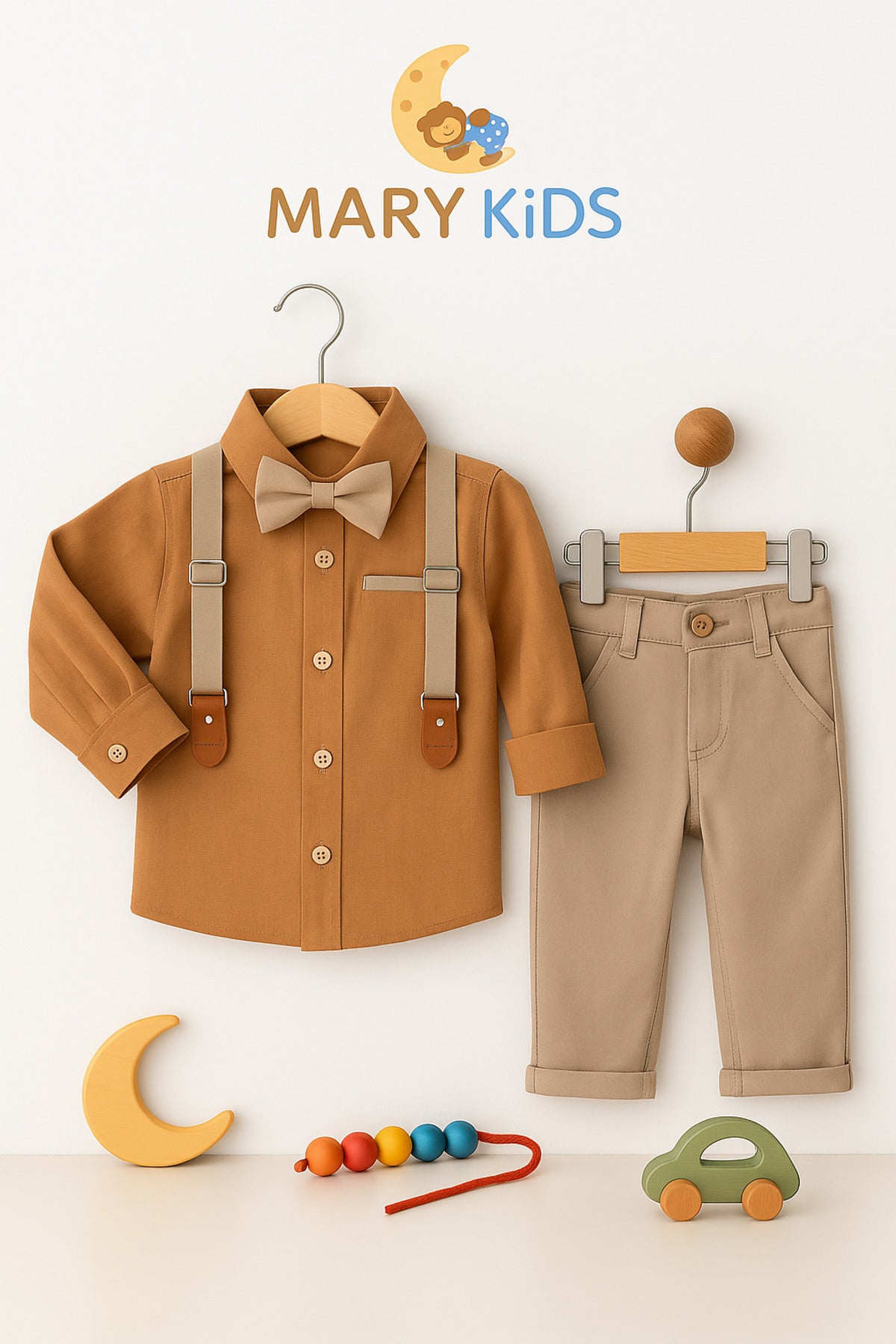 Erkek Çocuk Papyonlu Askılı Gömlek ve Pantolon 2’li Takım