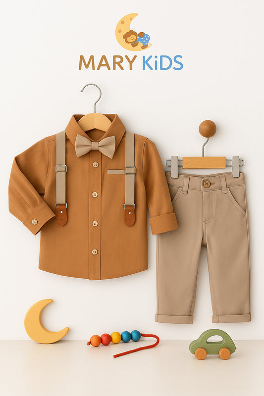 Erkek Çocuk Papyonlu Askılı Gömlek ve Pantolon 2’li Takım
