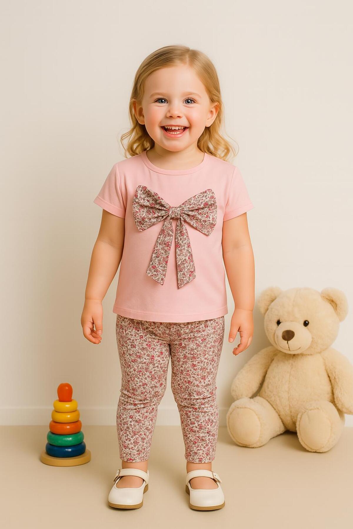Kız Çocuk Çiçek Desenli Fiyonk Detaylı Tişört ve Tayt 2’li Takım