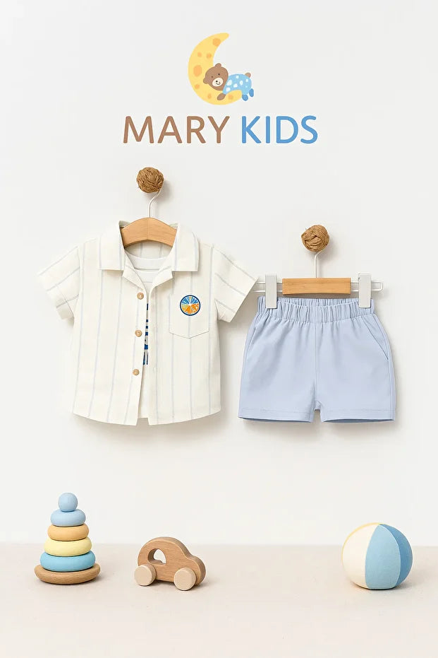 Bebek Erkek Yazlık Takım Kısa Kollu Gömlek Tişört ve Şort 3'lü Kombin