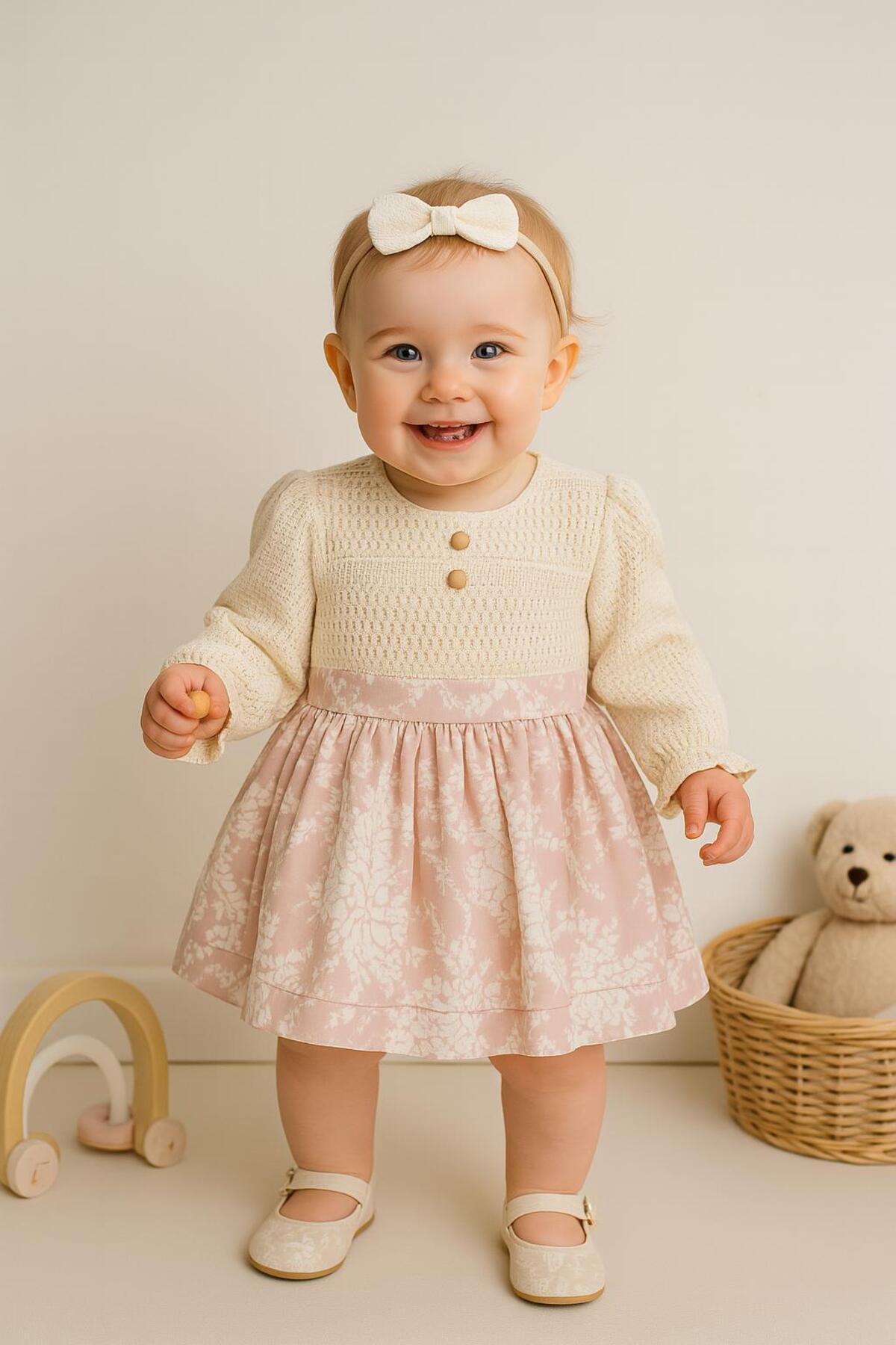 Kız Çocuk Dantel Üst ve Desenli Etekli Uzun Kollu Elbise