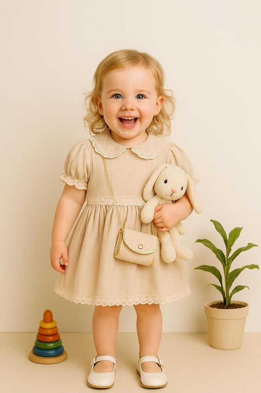 Kız Çocuk Dantel Detaylı Çantalı Yazlık Elbise - Bej