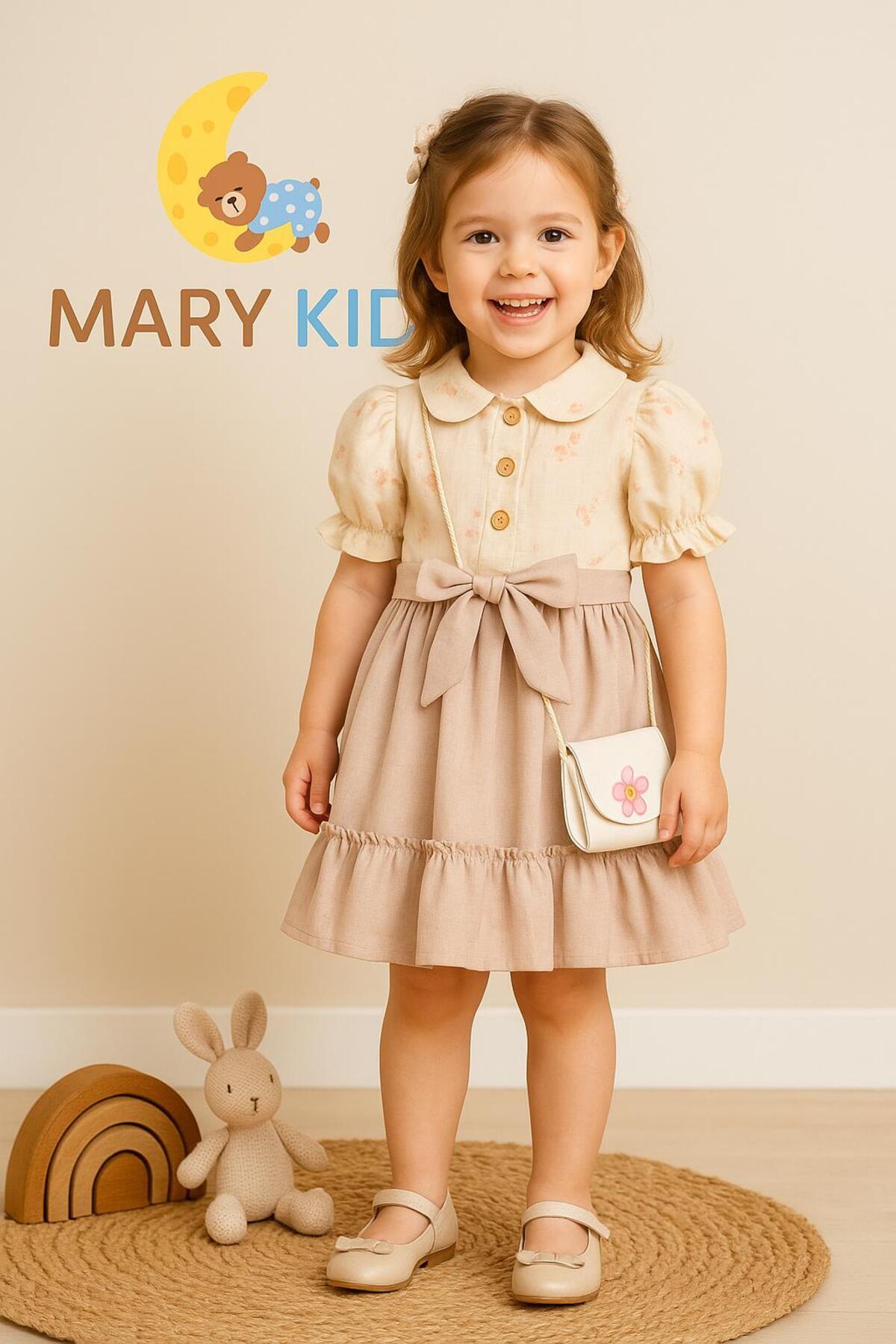 Kız Çocuk Fiyonklu Düğmeli Kısa Kollu Elbise Çanta Hediyeli