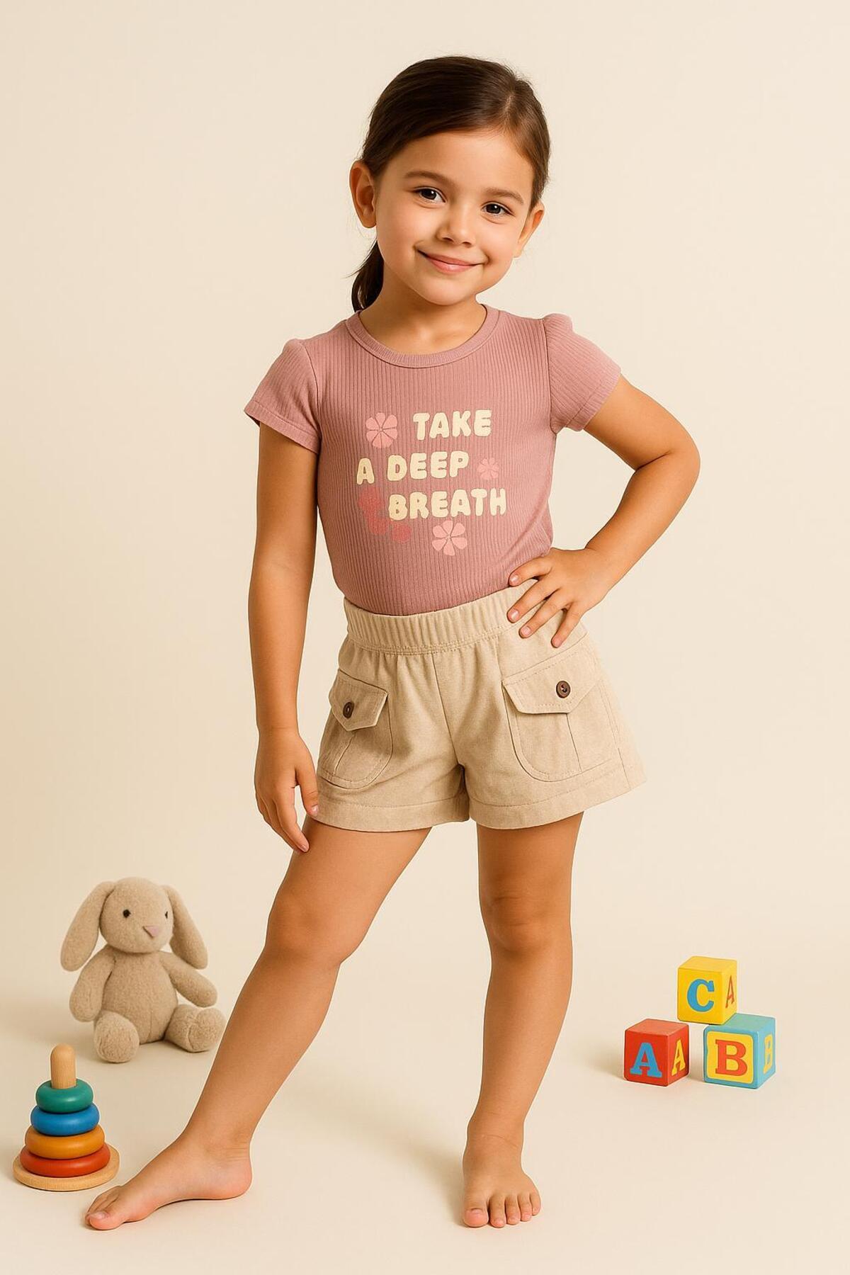 Kız Çocuk "Take A Deep Breath" Yazılı Ribanalı Tişört ve Cepli Şort 2'li Takım