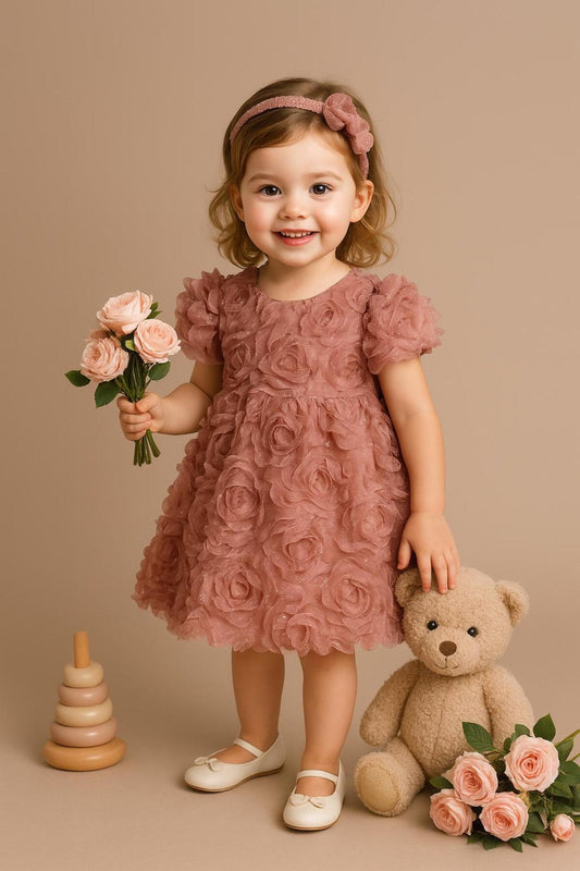 Kız Bebek 3D Gül Desenli Simli Özel Gün Elbisesi ve Saç Bandı Takımı