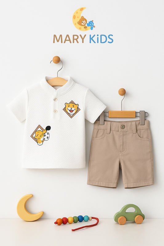 Erkek Çocuk Kaplan Figürlü Düğmeli Tişört ve Şort Takım