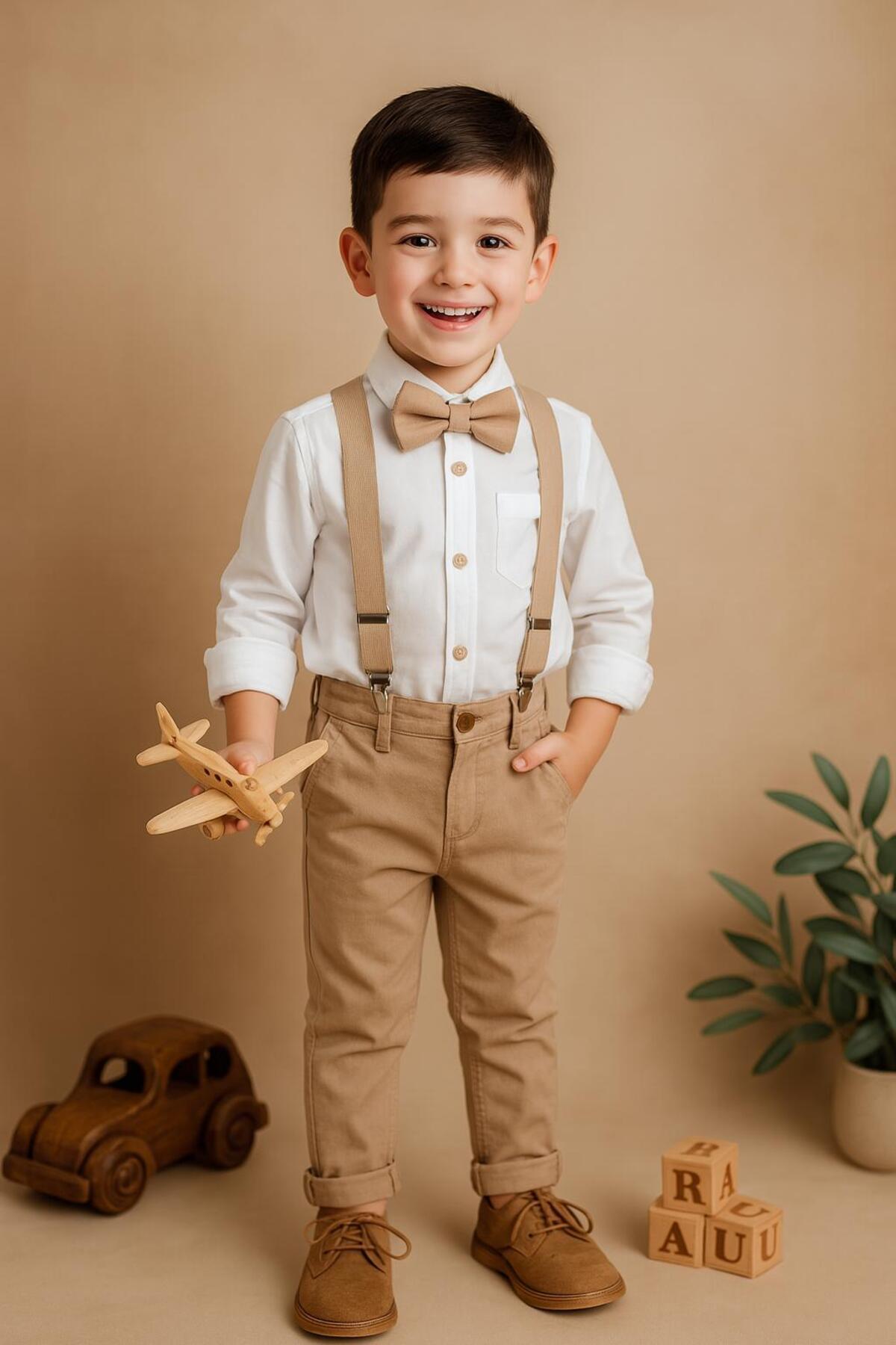 Erkek Çocuk Papyonlu Askılı Gömlek ve Pantolon 2’li Takım (Beyaz Gömlek)