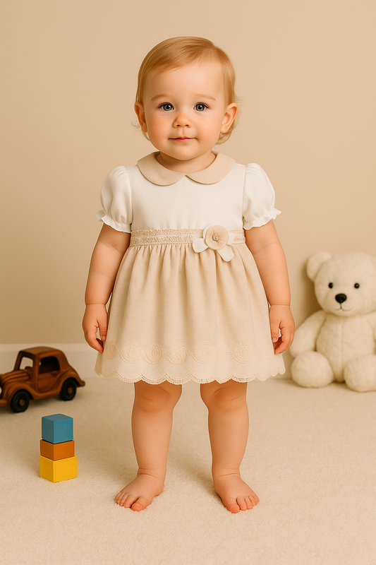 Kız Bebek Bebe Yaka Kısa Kollu Keten Görünümlü Özel Gün Elbisesi