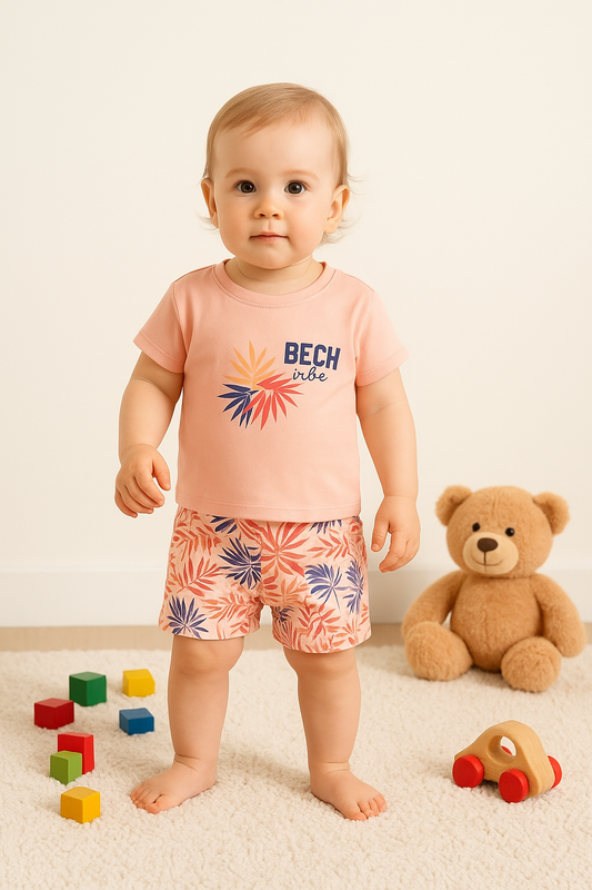 Kız Bebek "Beach Vibe" Baskılı Tişört ve Tropikal Desenli Şort 2’li Yazlık Takım