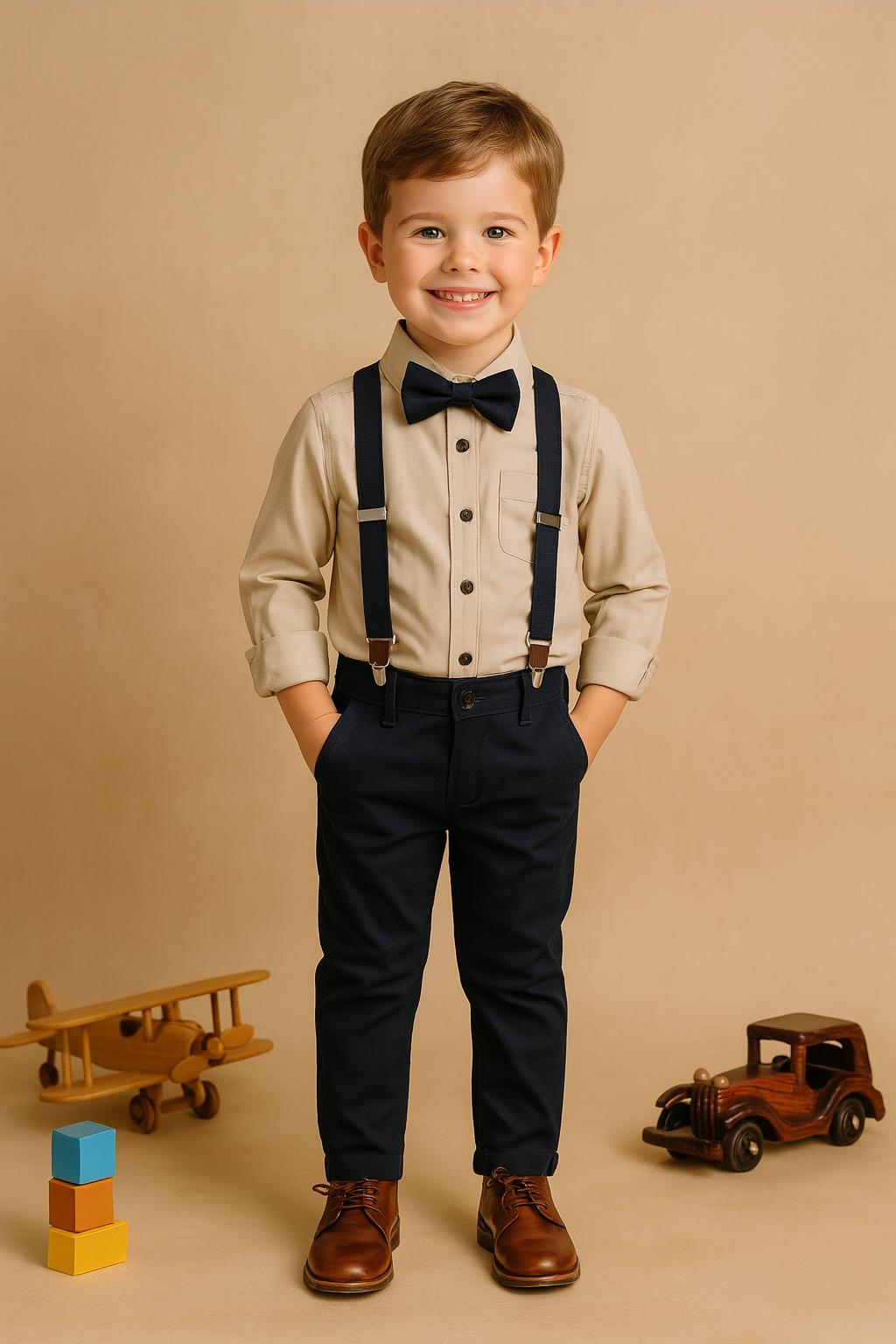 Erkek Çocuk Siyah Askılı Papyonlu Gömlek ve Pantolon 2’li Takım