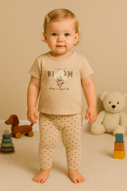 Kız Çocuk Çiçek Baskılı Tişört ve Desenli Tayt 2’li Yazlık Takım