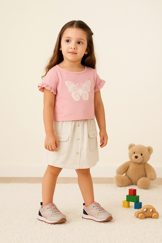 Kız Çocuk Kelebek Baskılı Tişört ve Cepli Düğmeli Etek 2’li Kombin Takım