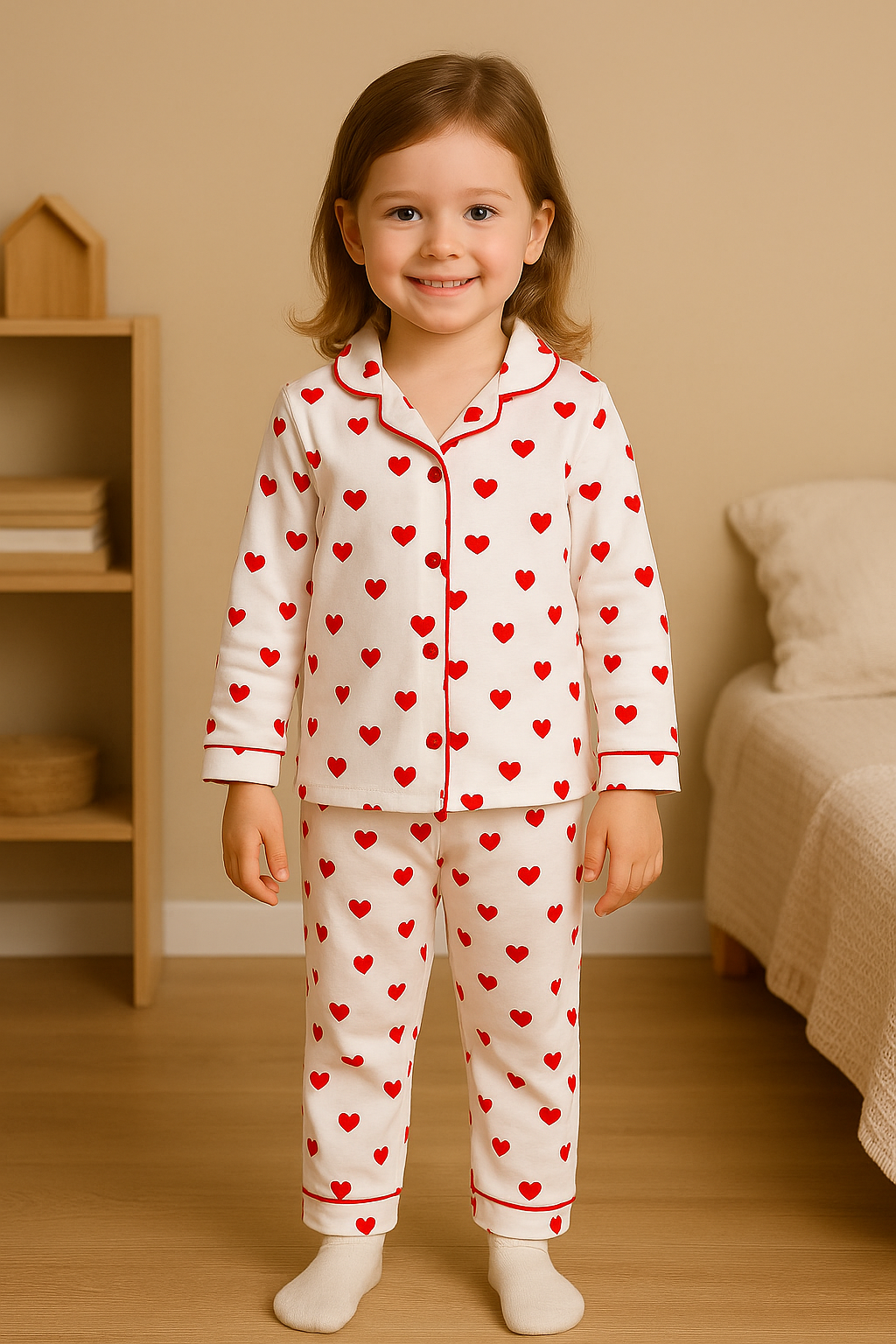 Kız Çocuk Pijama Takımı 3-6 Yaş – Kalp Desenli Uzun Kollu Düğmeli 2’li Takım (Üst + Alt)