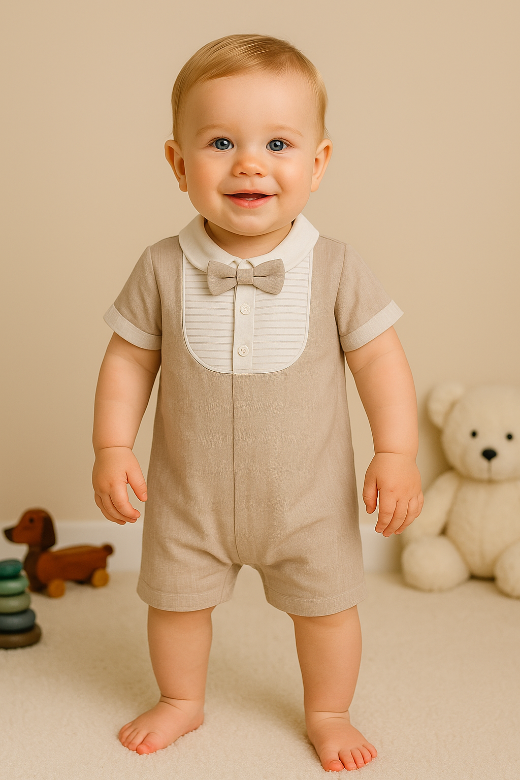 Erkek Bebek Papyonlu Damatlık Görünümlü Kısa Kollu Tulum