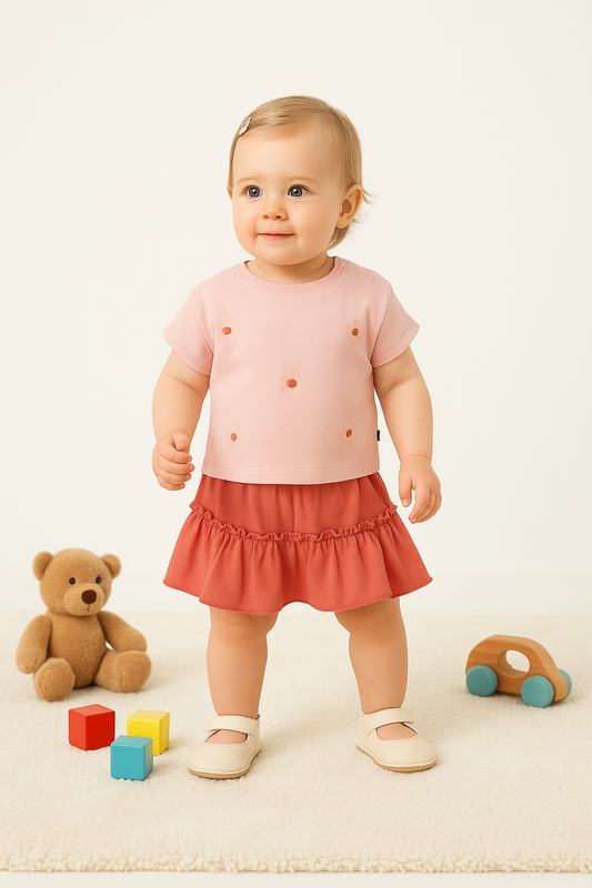 Kız Çocuk Çiçek Nakışlı Tişört ve Fırfırlı Etek 2’li Yazlık Takım