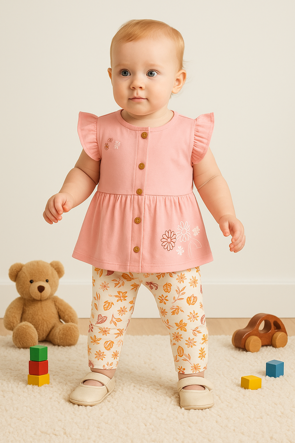 Kız Çocuk Çiçek Desenli Volan Kollu Bluz ve Desenli Pantolon 2’li Yazlık Takım