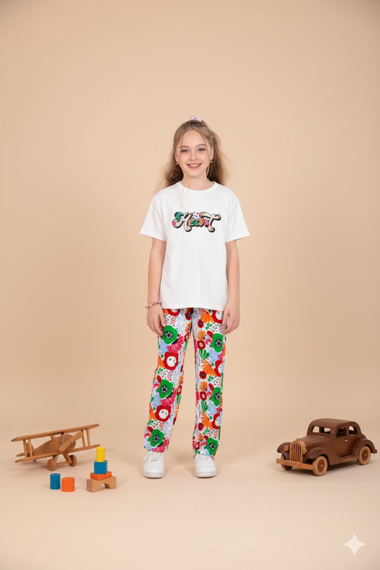 Kız Çocuk Renkli Desenli Pantolonlu Takım – 5-12 Yaş